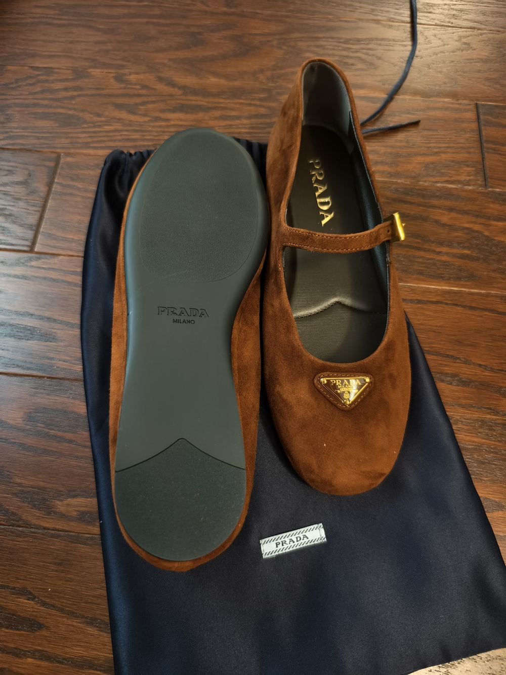 NEW - Prada Brown Suede Mary Jane Loafer with Gold Logo - Picture 4 of 6